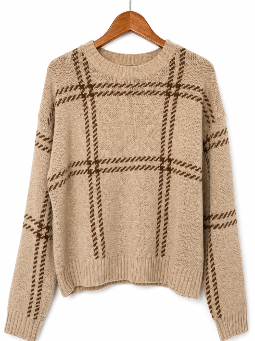 SHEIN Beige Plaid Crewneck Sweater with Brown Grid
